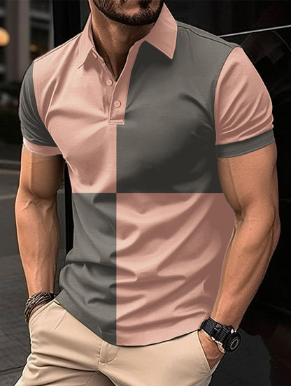 Casual Sports Short Sleeve Color Stitching Turnover Neck Polo Shirt Men Clothing