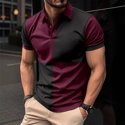 Casual Sports Short Sleeve Color Stitching Turnover Neck Polo Shirt Men Clothing