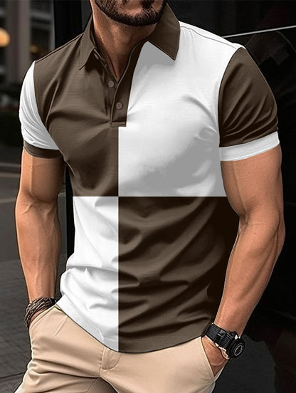 Casual Sports Short Sleeve Color Stitching Turnover Neck Polo Shirt Men Clothing