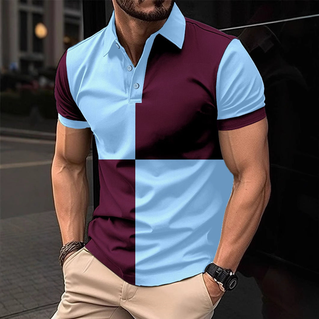 Casual Sports Short Sleeve Color Stitching Turnover Neck Polo Shirt Men Clothing